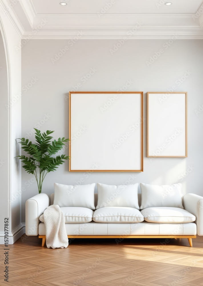 Fototapeta premium There are empty photo frames on the living room wall an interior design illustration mockup template and an empty poster frame mockup template Empty room interior design Ultra realistic Photoreal