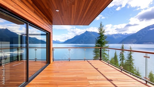 Canadian lakeside luxury terrace in British Columbia, cedar deck, glass railing, mountain view