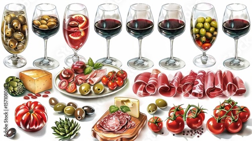 Italian antipasti wine snacks set. Cheese variety, Mediterranean olives, pickles, Prosciutto di Parma, tomatoes, artichokes and wine in glasses