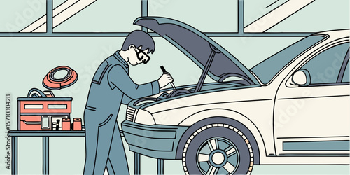 Asian mechanic inspecting a vehicle for safety issues, repairing faulty components in an auto repair shop.