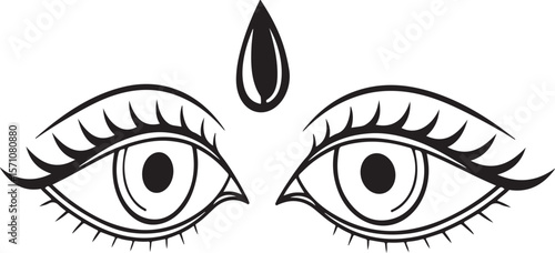Black and white minimalist illustration of two symmetrical stylized eyes and a tear drop.