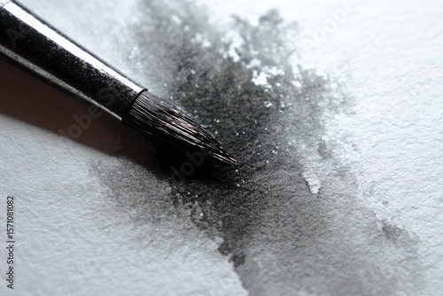 Close-up captures a brush delicately applying black watercolor to textured white paper, creating