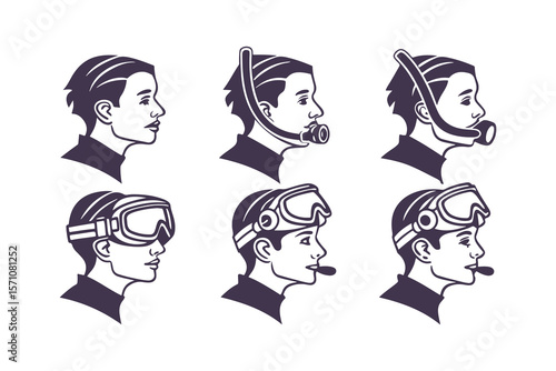 Set of Scuba Divers and Snorkelers Profile Icons. Vector Illustrations of People Wearing Diving Masks, Snorkels, and Breathing Equipment