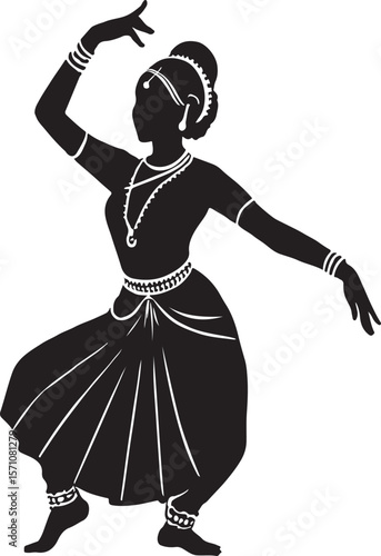 Elegant silhouette of indian dancer performing classical bharatanatyam in black and white