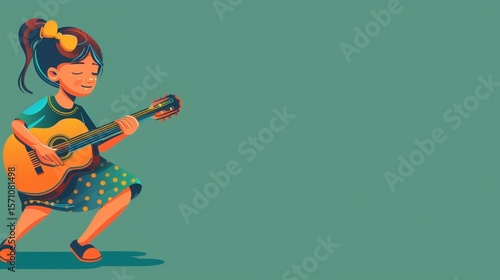 Joyful child playing guitar isolated on flat green background with copy space. Creative banner for children's music school.
