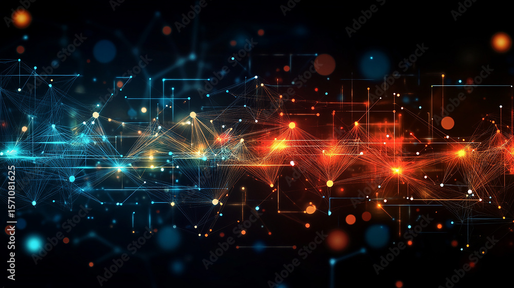 Fototapeta premium Futuristic city network with vibrant blue and orange light pathways and connections.