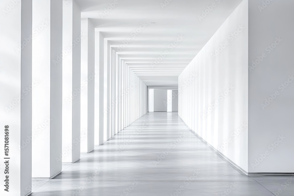 Fototapeta premium Minimalist futuristic white corridor with geometric columns and endless perspective, modern clean architecture concept