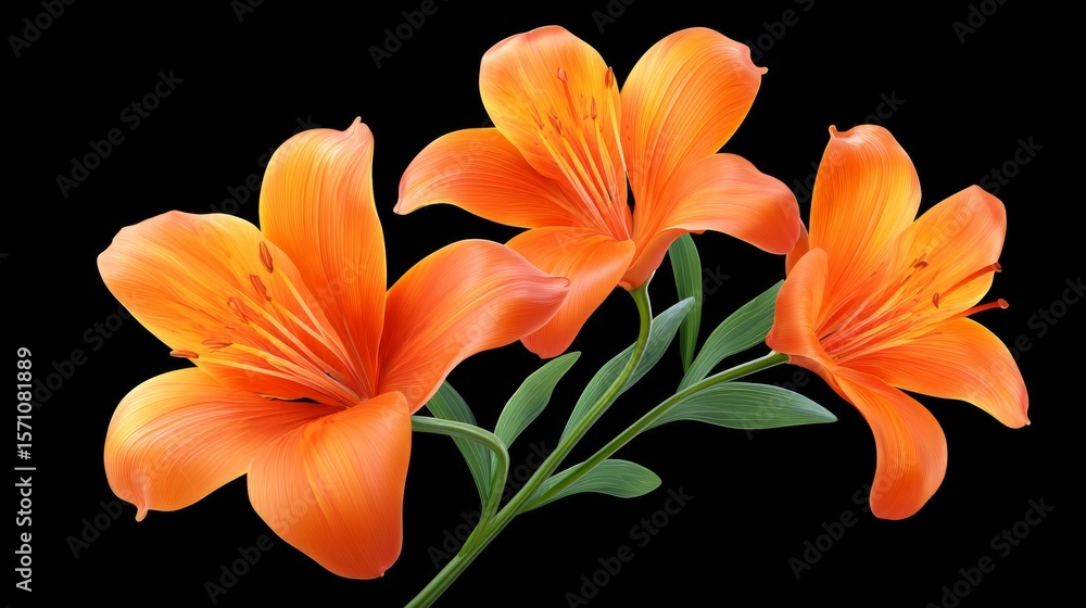 Obraz premium Three Vibrant Orange Lilies with Dew Drops Showcasing Natural Beauty and Floral Elegance