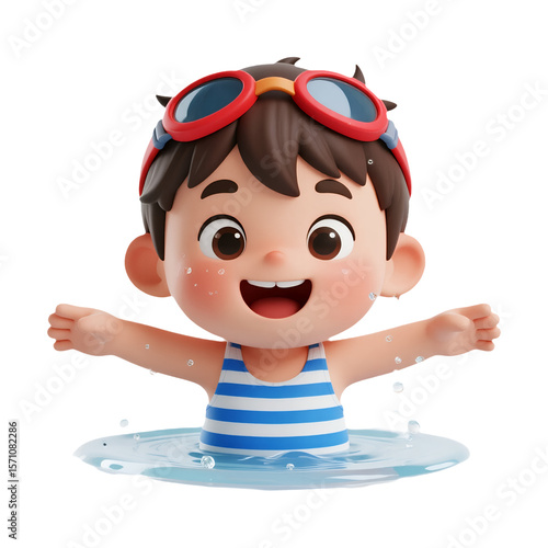 Happy Child Wearing Goggles and Striped Shirt Playing in Water