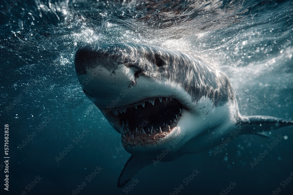 Naklejka premium Angry dangerous Great White shark with big opened mouth and sharp teeth. Ai Generative