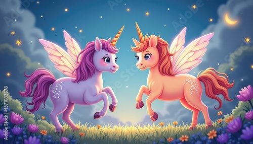 Two winged unicorns in a field at twilight.