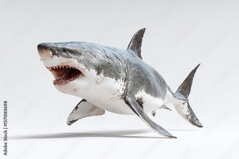 Naklejka premium Great White shark with big opened mouth and sharp teeth isolated on white background. Generative Ai