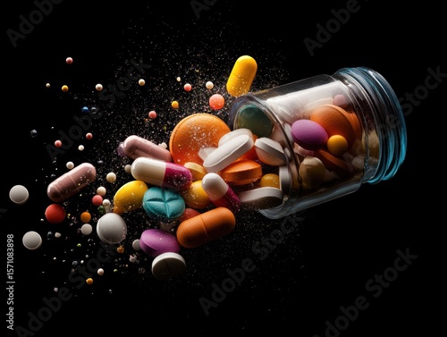 Colorful pills and capsules spilling from a glass jar on a dark background during a still life composition