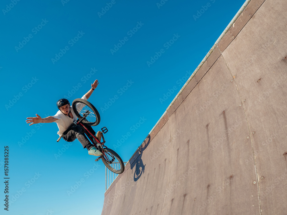 Fototapeta premium BMX bicycle rider flying and performing stunt No Hand in wooden quarter pipe. Skilled BMX freestyler athlete jumping over quarter ramp and doing aerial trick No Hand in street wooden half-pipe ramp