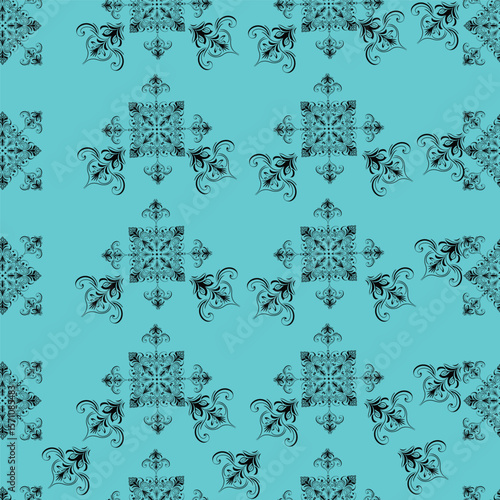 An elegant pattern featuring intricate black designs against a soothing turquoise background. This visually appealing motif showcases a mix of floral and geometric elements, making it ideal.