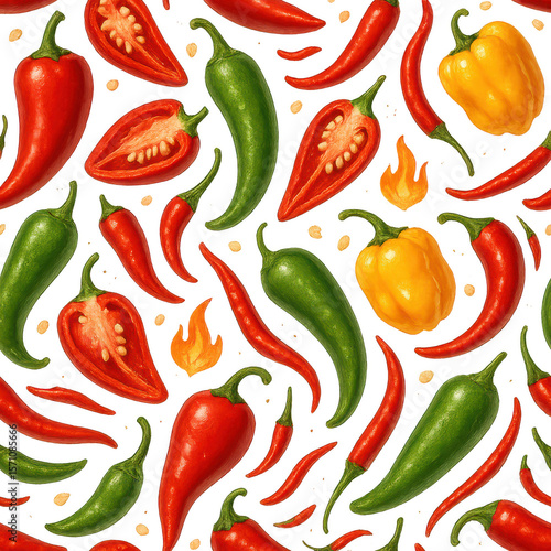 Spicy Chili Pepper Seamless Pattern – Hand-Drawn Hot Pepper Illustration