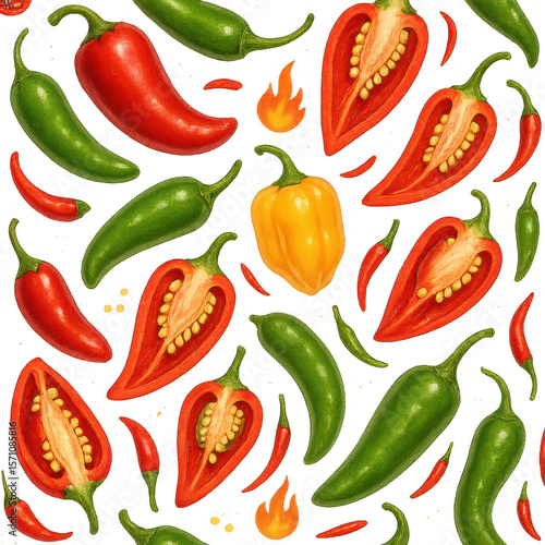 Spicy Chili Pepper Seamless Pattern – Hand-Drawn Hot Pepper Illustration