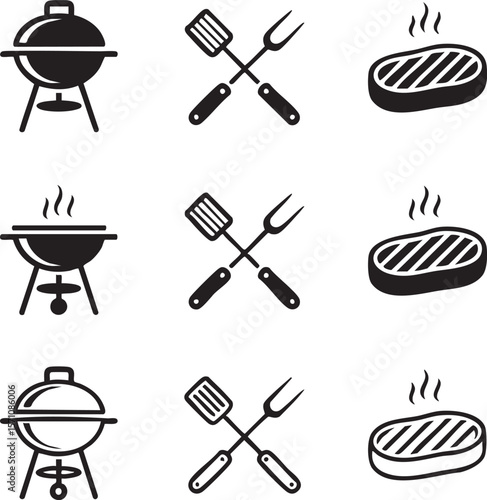 Barbecue grill equipment black and white icon set collection vector illustration for summer cooking outdoor grilling tools