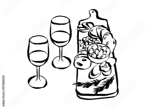 Whimsical chalk tapas and charcuterie board doodles. Quirky food of breakfast and dinner meals in crayon style. Trendy art for menus and invitations. La dolce vita italian vector illustration