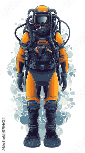 Diver wearing yellow and black diving suit with oxygen equipment  