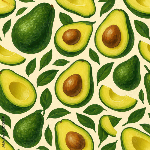 Hand-Drawn Avocado Seamless Pattern – Sliced and Whole Fruit with Leaves