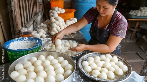 Fototapeta Naklejka Na Ścianę i Meble -  Woman prepares round rice dumplings in a traditional setting.
