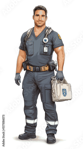 Male paramedic standing with medical bag in uniform  