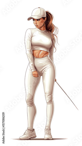 Stylish female fencer posing in athletic wear with a sword  