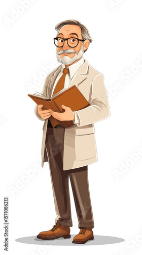 Elderly man with glasses holding a book in a lab coat indoors  