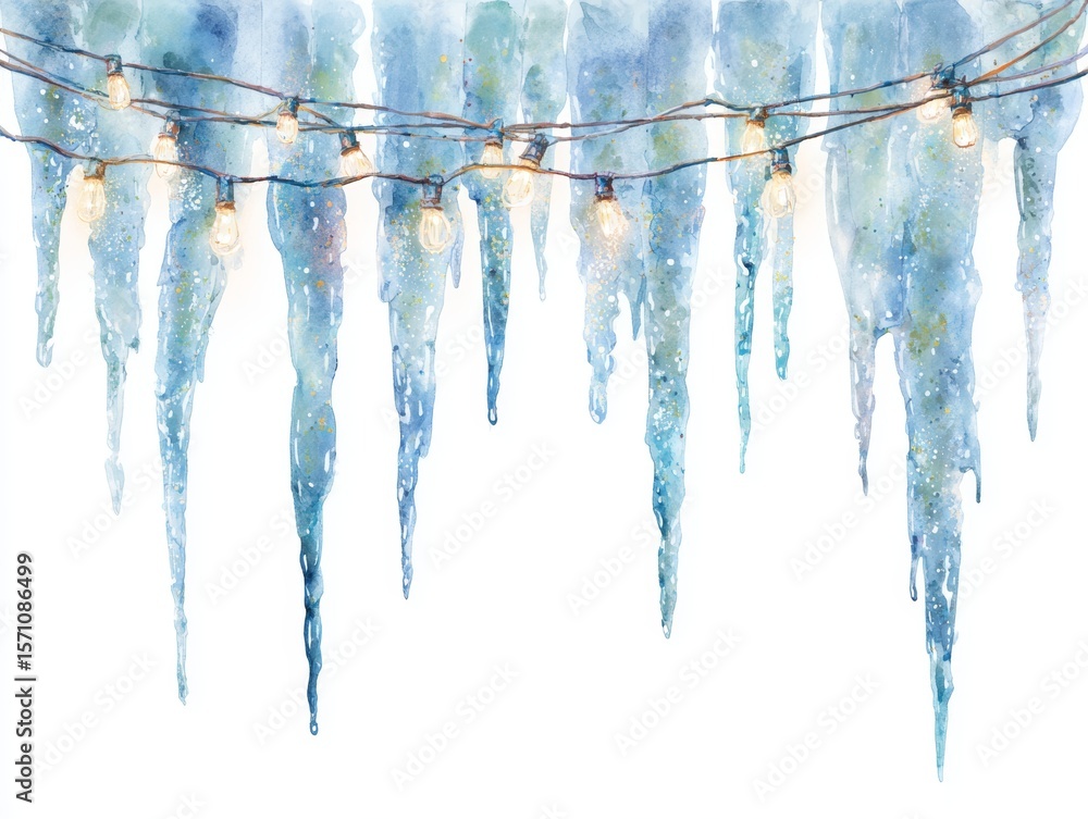 Fototapeta premium Delicate watercolor scene of sparkling icicles hanging from vintage fairy light strings on white background