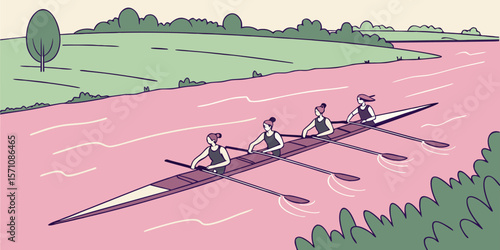 Vector illustration of aerial view of a women’s rowing team gliding across calm pink water.

