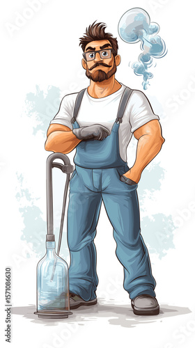 Cartoon cleaning worker standing confidently with a vacuum cleaner  