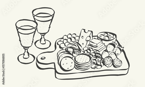 Whimsical chalk tapas and charcuterie doodles. Quirky food of breakfast and dinner meals in crayon style. Trendy art for menus and invitations. La dolce vita italian vector illustration