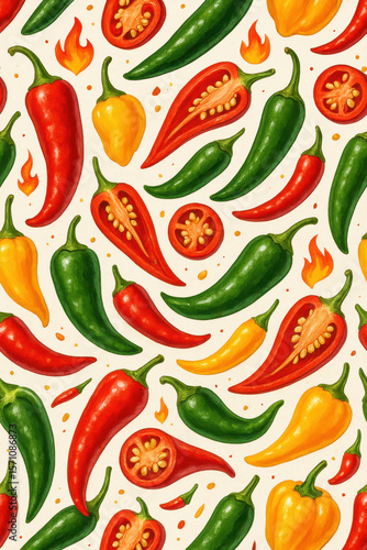 Spicy Chili Pepper Seamless Pattern – Hand-Drawn Hot Pepper Illustration