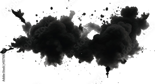 Dynamic Black Smoke Cloud Erupting into the Air with Fine Dust Particles Dispersing in an 
Artistic and High-Definition Abstract Composition on White

