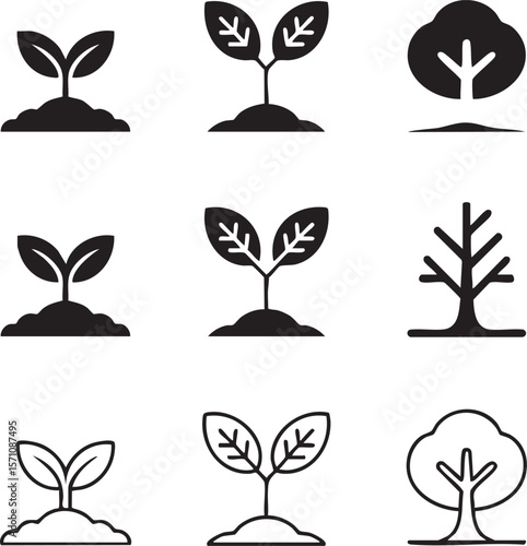 Black and white seedling and tree vector icon set representing growth and nature concepts for ecological projects
