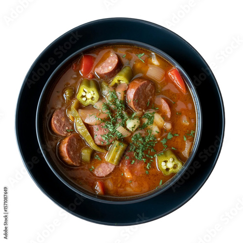 Gumbo top view on white background.  A delicious and healthy vegetable salad with chicken, tomatoes, and cucumbers in a bowl, perfect for a light lunch or dinner.