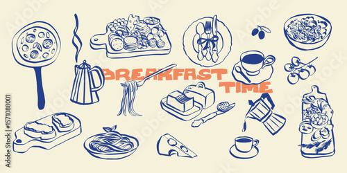 Whimsical chalk food and breakfast doodles. Quirky icons of charcuterie and dinner meals in crayon style. Trendy art for menus and invitations. La dolce vita italian vector illustration