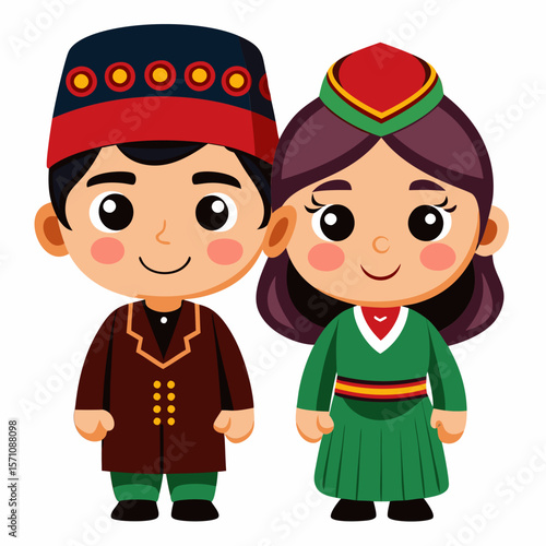 Central Asian Traditional Clothing. A Colorful Illustration of Boy and Girl in Folk Costume