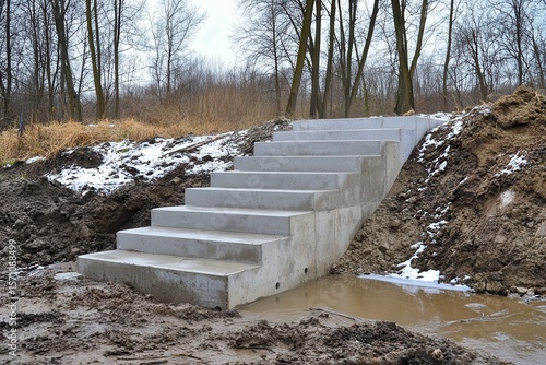 New concrete stairs ascend an embankment in a woodland setting. Use this for construction, landscaping or outdoor design projects.
