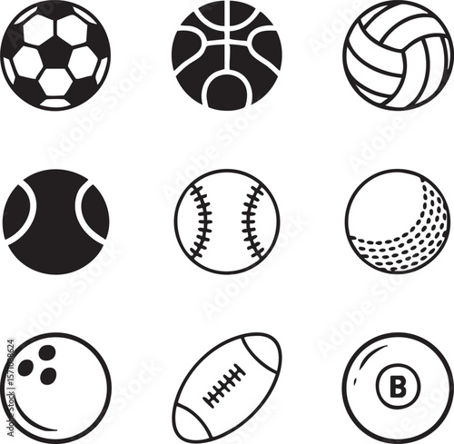 Collection of black and white sporting equipment icon set featuring soccer basketball volleyball tennis baseball golf bowling football and billiard ball
