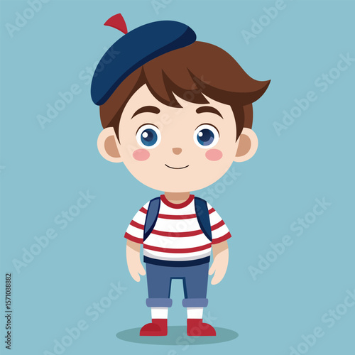 Adorable French Boy in Beret and Striped Shirt
