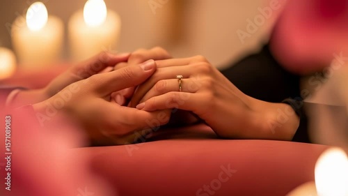 Wallpaper Mural Couples hands gently hold showcasing an engagement ring in a warm romantic candlelight setting. Torontodigital.ca