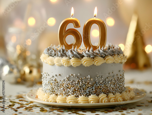 elegant 60th birthday cake with candles and silver decorations on table