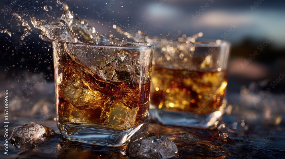 Refreshing whiskey cocktail splashes in glasses bar setting beverage photography warm atmosphere close-up perspective Refreshing whiskey cocktail splashes in glasses bar setting beverage photography warm atmosphere close-up perspective