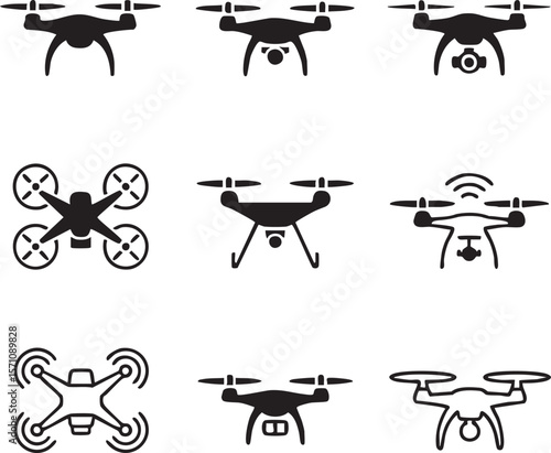Drone technology vector icon set collection featuring various modern unmanned aerial vehicle designs and styles for remote piloting and aerial photography applications