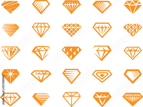 Diamond Icon Set – Gem, Jewelry, Luxury, Crystal, Shine, Wealth, Icon, Elegant, Line Art, Orange

