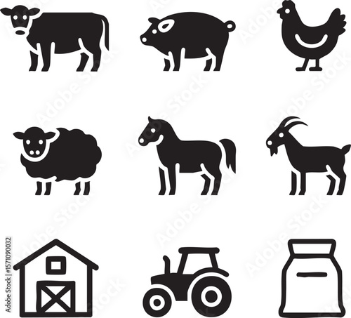Farm animal icon set featuring cow pig chicken sheep horse goat barn tractor and feed sack