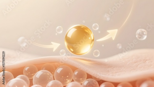 3D Skincare Serum Penetration Concept with Golden Droplet