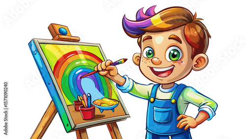 A cheerful boy with a ponytail paints on a giant canvas, tiny fingers covered in rainbow-colored paint. Her apron and brushes feature subtle texture, while her eyes sparkle with artistic curiosity. Th